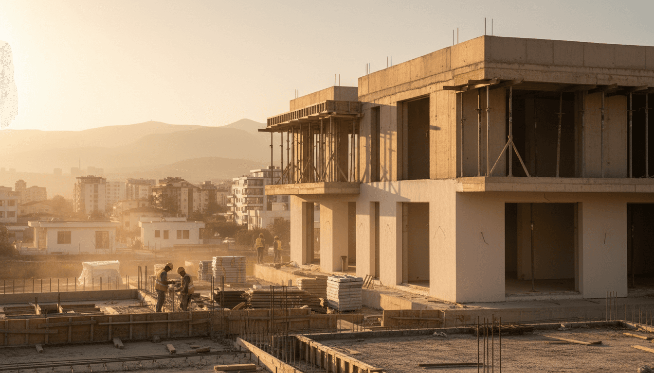 Modern residential villa under construction in Tiranë showing concrete foundation and framing work