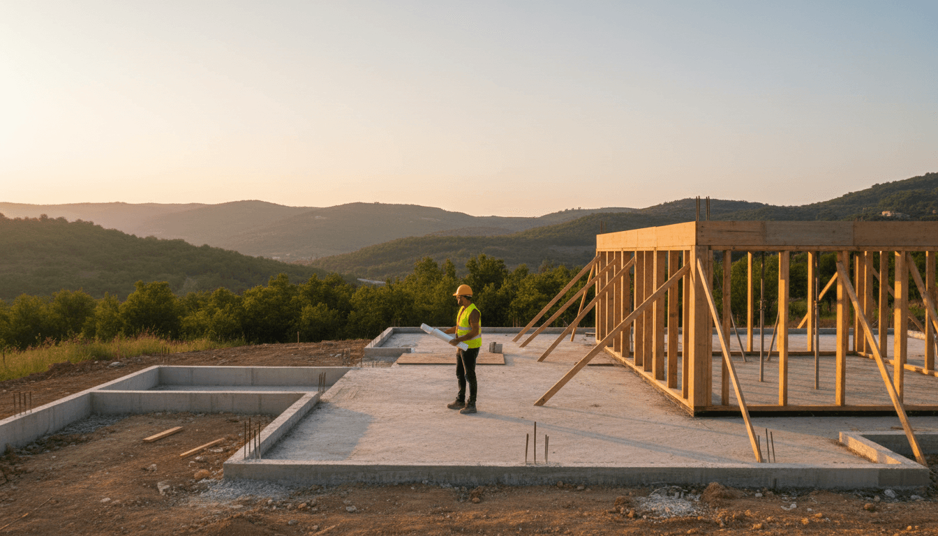 Construction worker reviewing blueprints at a modern residential villa project site in Tiranë