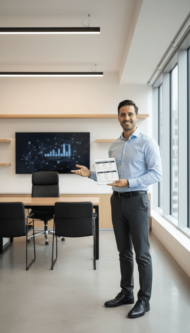 Career consultant holding tablet in modern office, gesturing toward wall-mounted monitor in professional workspace