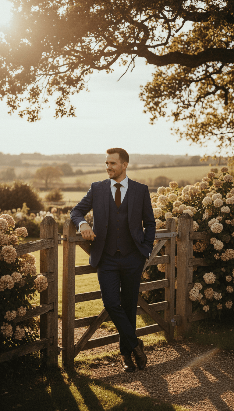 Groom in suit standing confidently beside rustic fence with flowering garden and oak trees behind