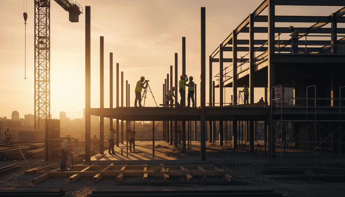 Construction crew positioning vertical steel columns and formwork while foreman checks alignment on multi-story building site
