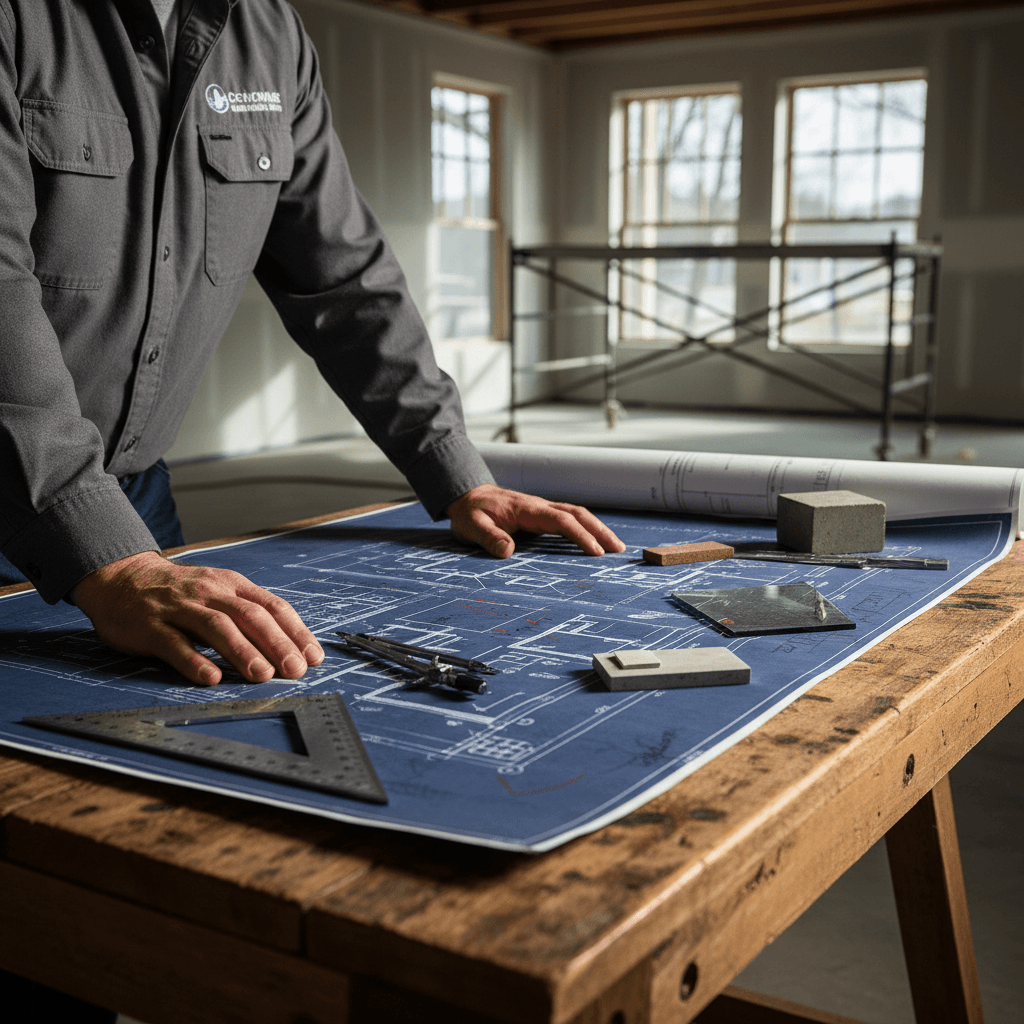 Construction foreman reviewing detailed blueprints and material samples on job site table in natural light