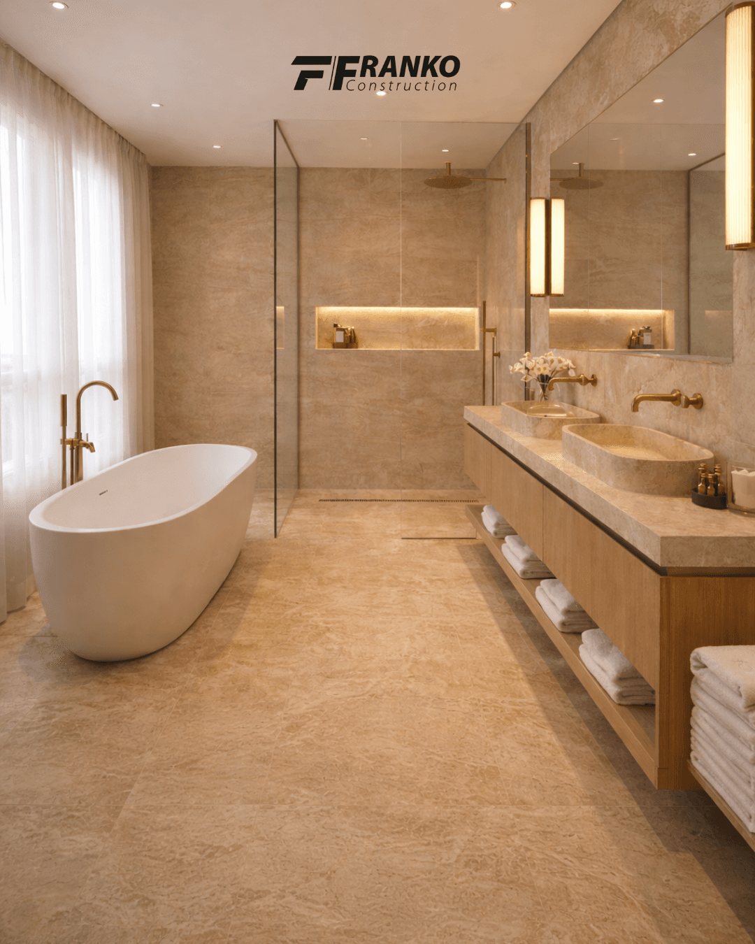 Modern beige stone bathroom featuring a freestanding tub, double vanity, and elegant gold fixtures.