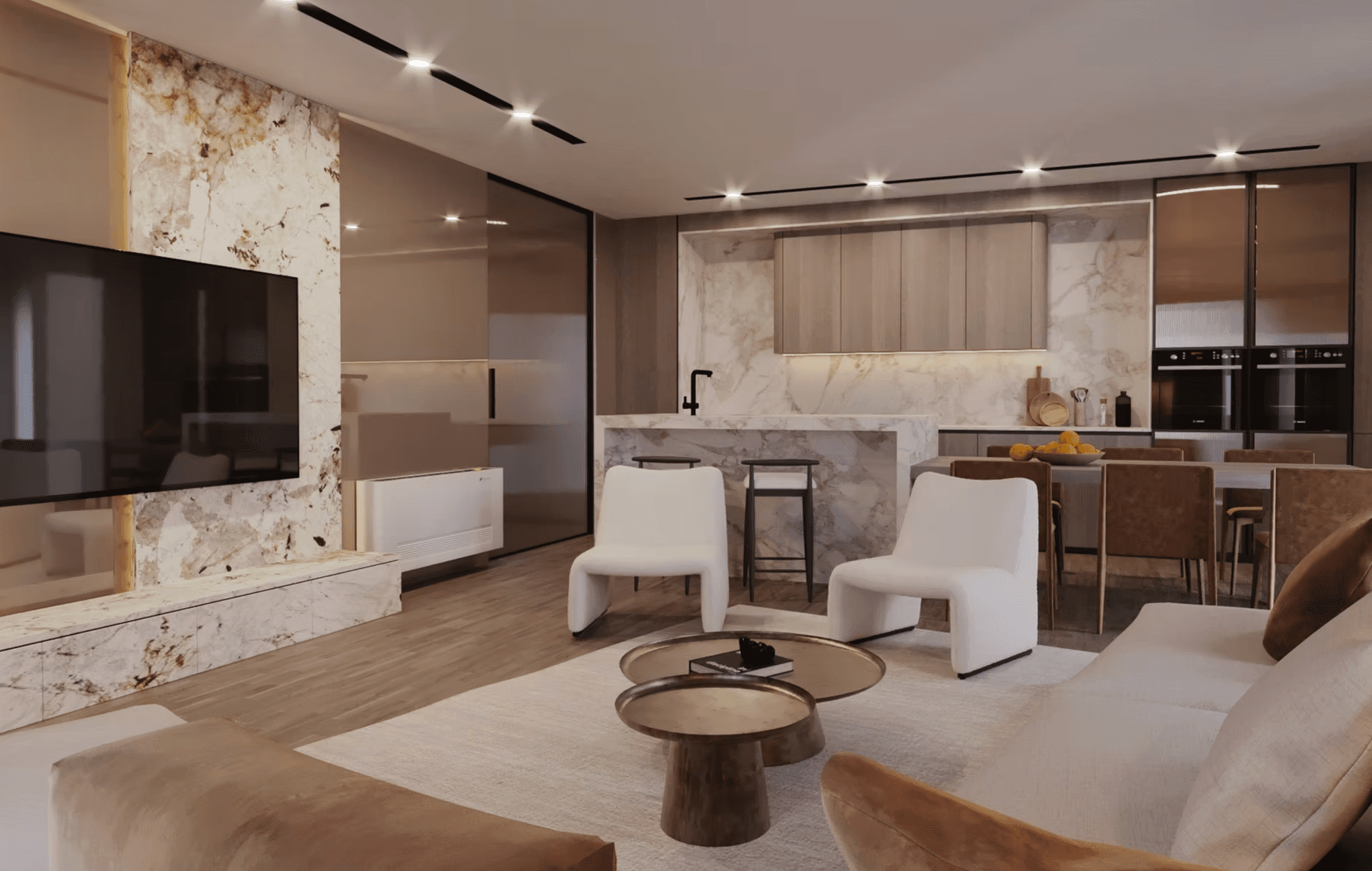 Modern open-plan living area featuring marble accents, white chairs, and a sleek kitchen island.