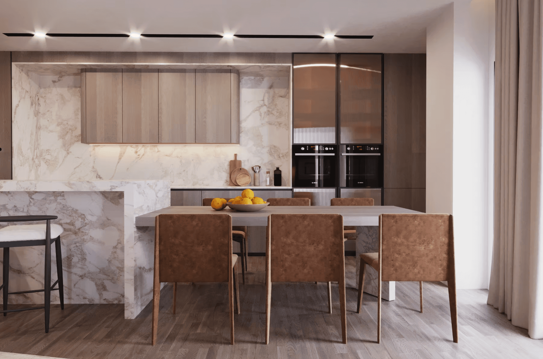 Modern kitchen with marble backsplash, wooden cabinets, and a dining table with brown leather chairs.