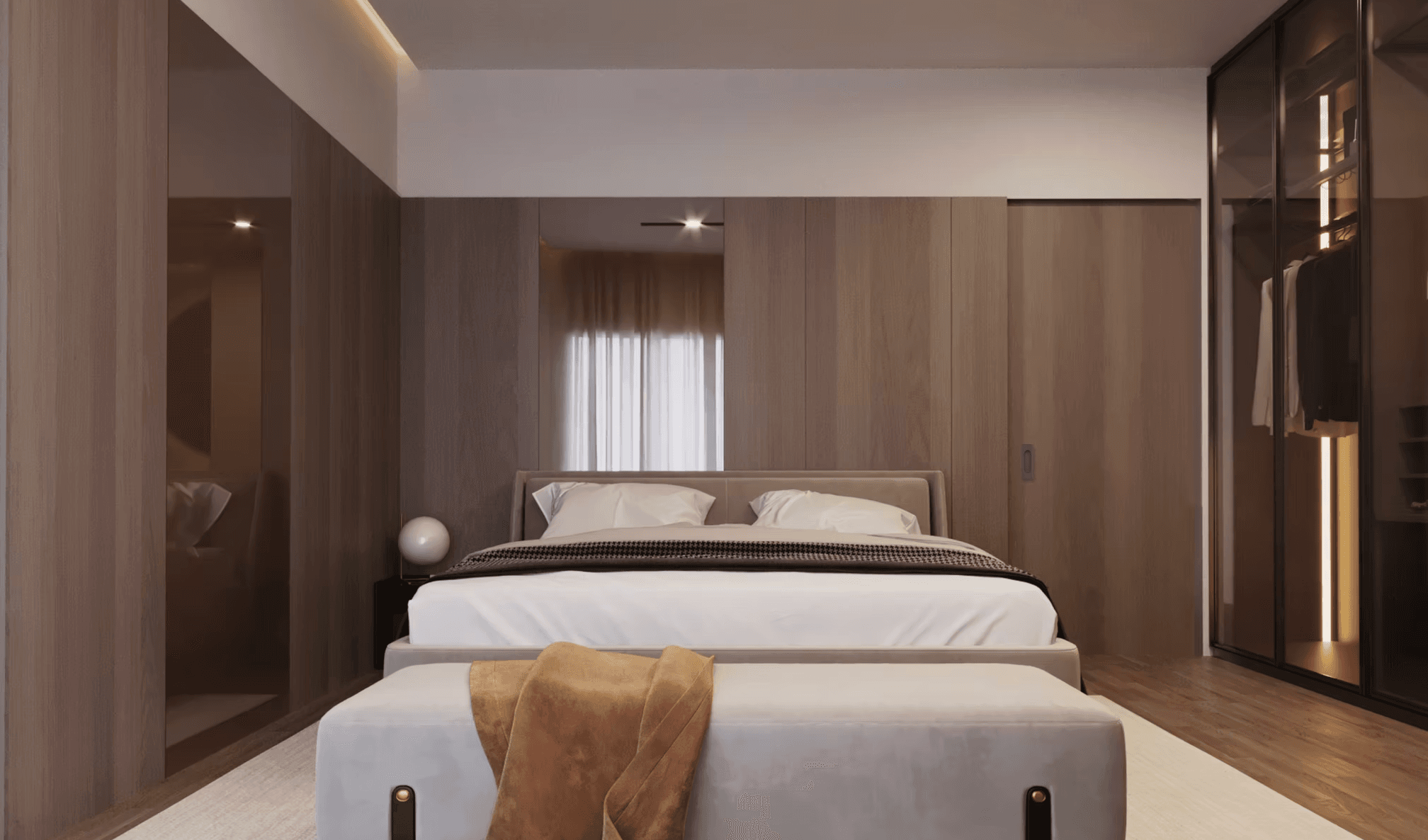 Minimalist bedroom featuring wood paneling, a neutral bed, and a sleek, illuminated glass wardrobe.